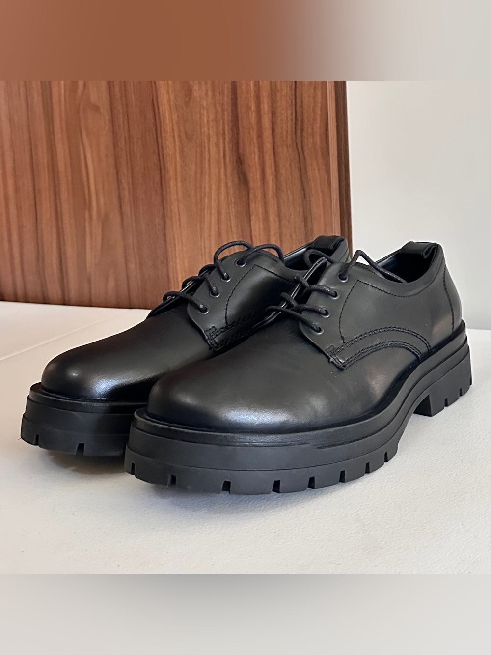 NWOT. Zara Black Leather Chunky Lace-Up Derby Shoes Size 45 (11 - 11.5)